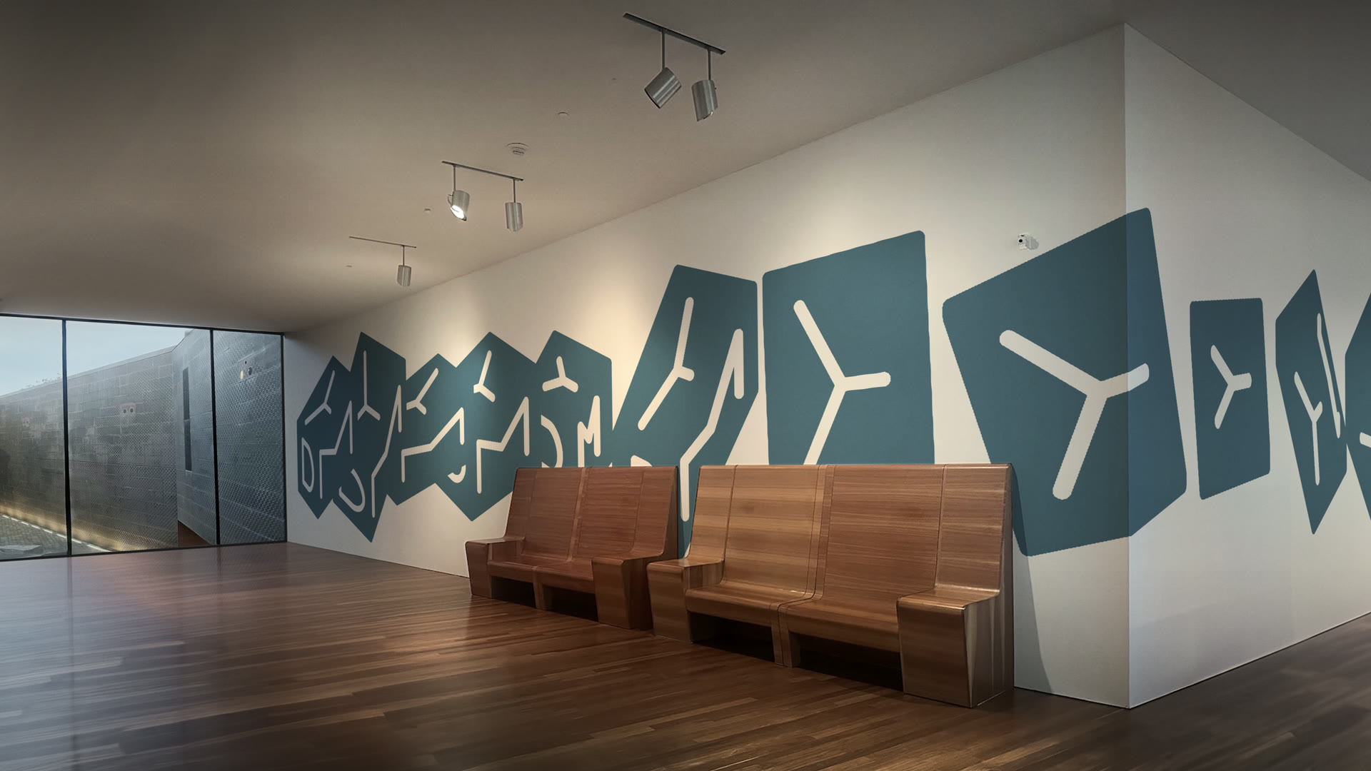 Gallery wall of rotated de Young boxes in aged-copper blue