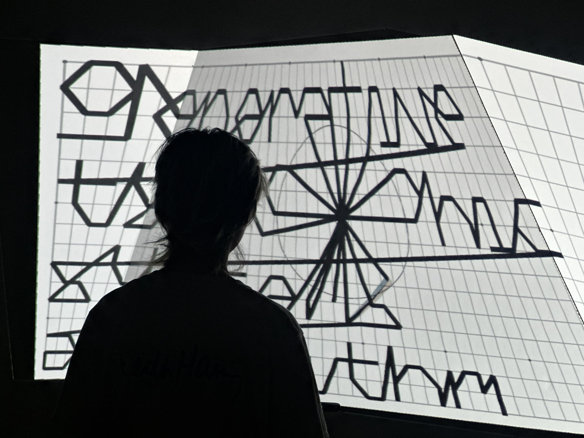 A visitor silhouetted against the projected generative type