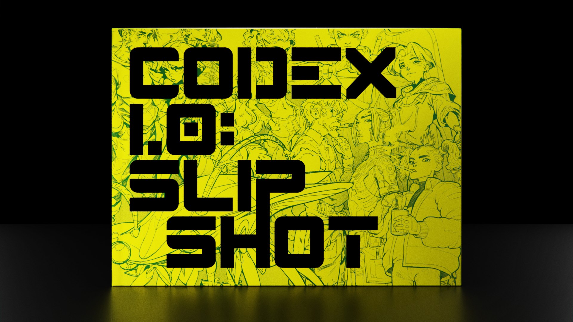 The Codex 1.0 hardcover standing upright on a reflective black floor