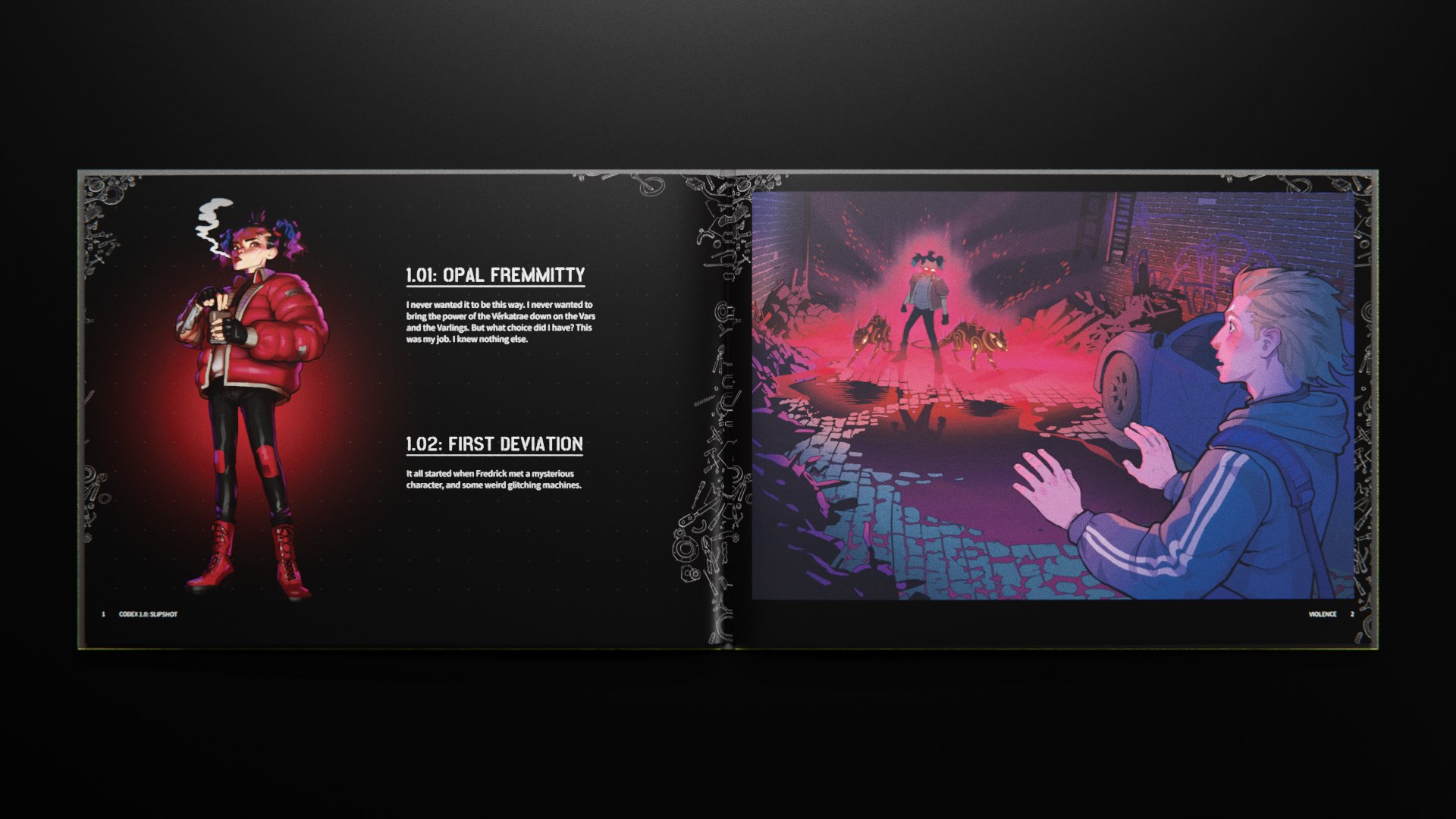 Codex 1.0 character spread with story excerpts beside a full-page illustration
