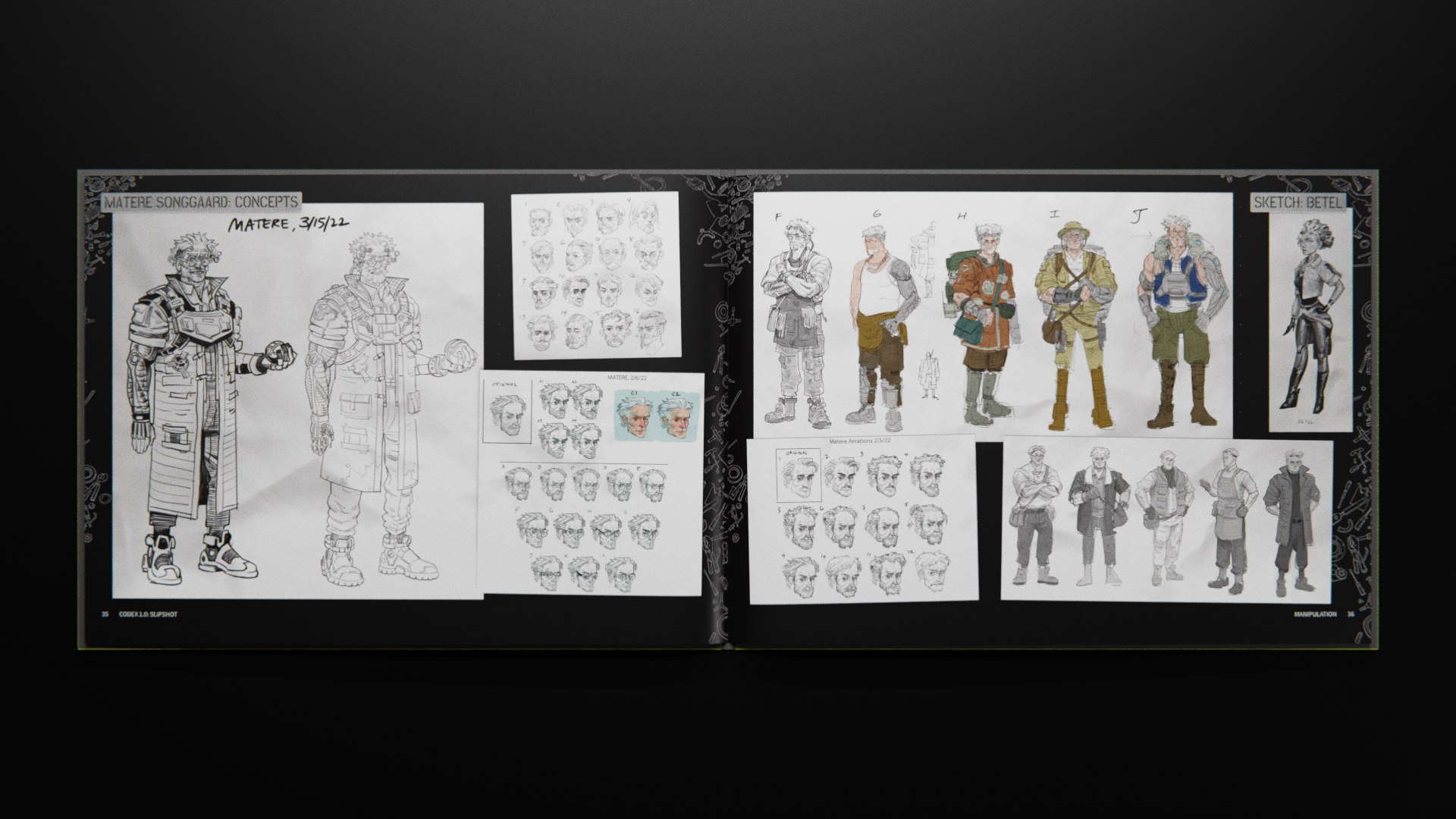 Codex 1.0 spread of character design sheets and expression studies