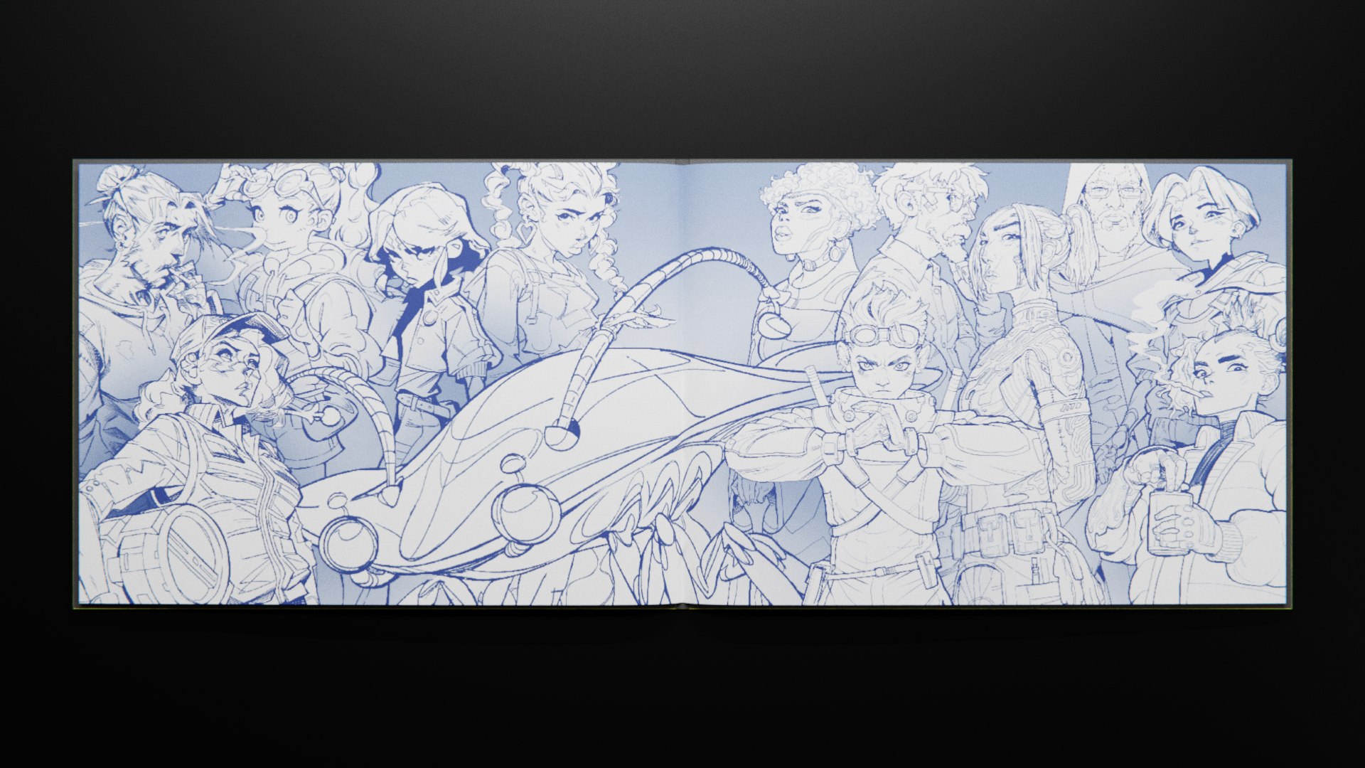 Codex 1.0 spread of the full cast drawn in blue line art