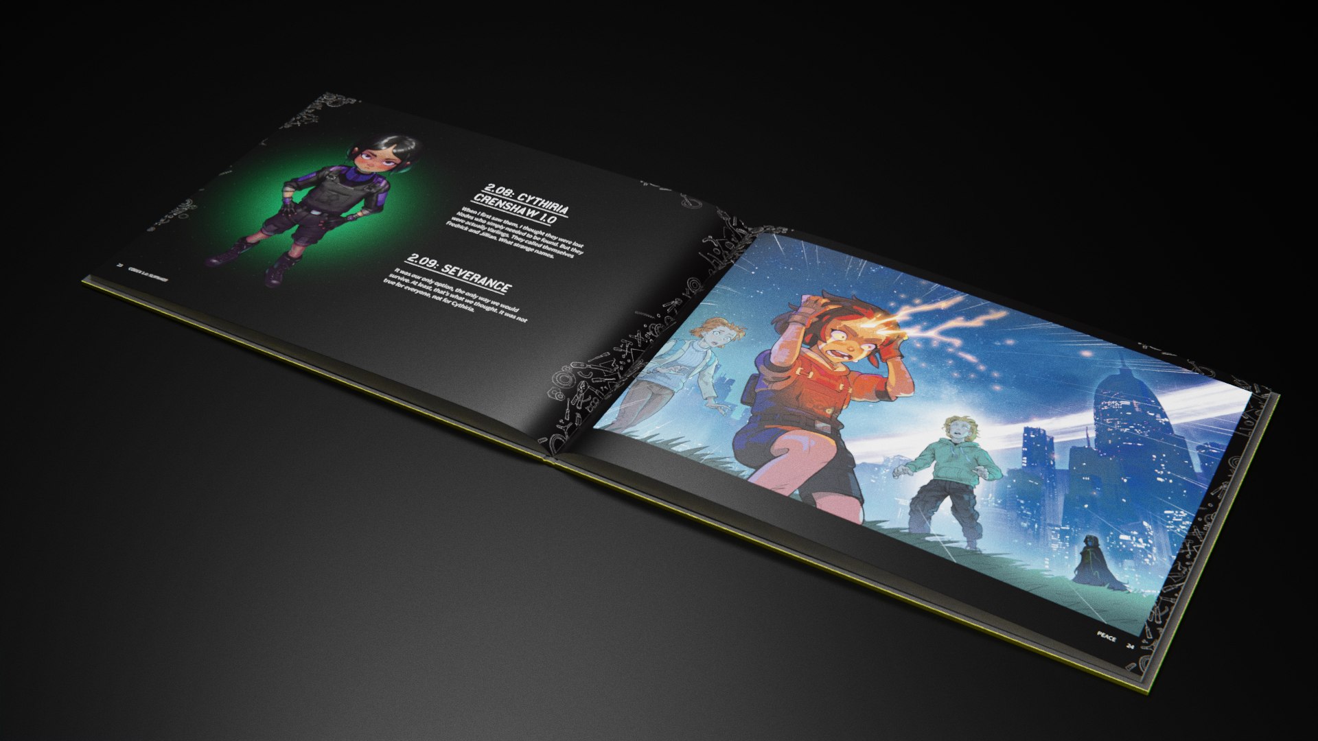 Codex 1.0 character spread with story excerpts beside a full-page illustration