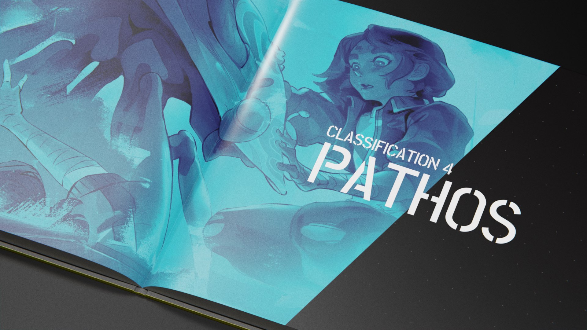 Codex 1.0 section opener for Classification 4: Pathos, washed in cyan